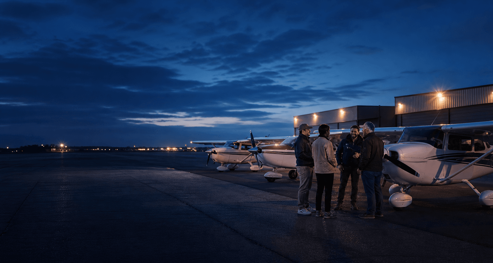 Pilots connecting beside light aircraft on an airport ramp at blue hour