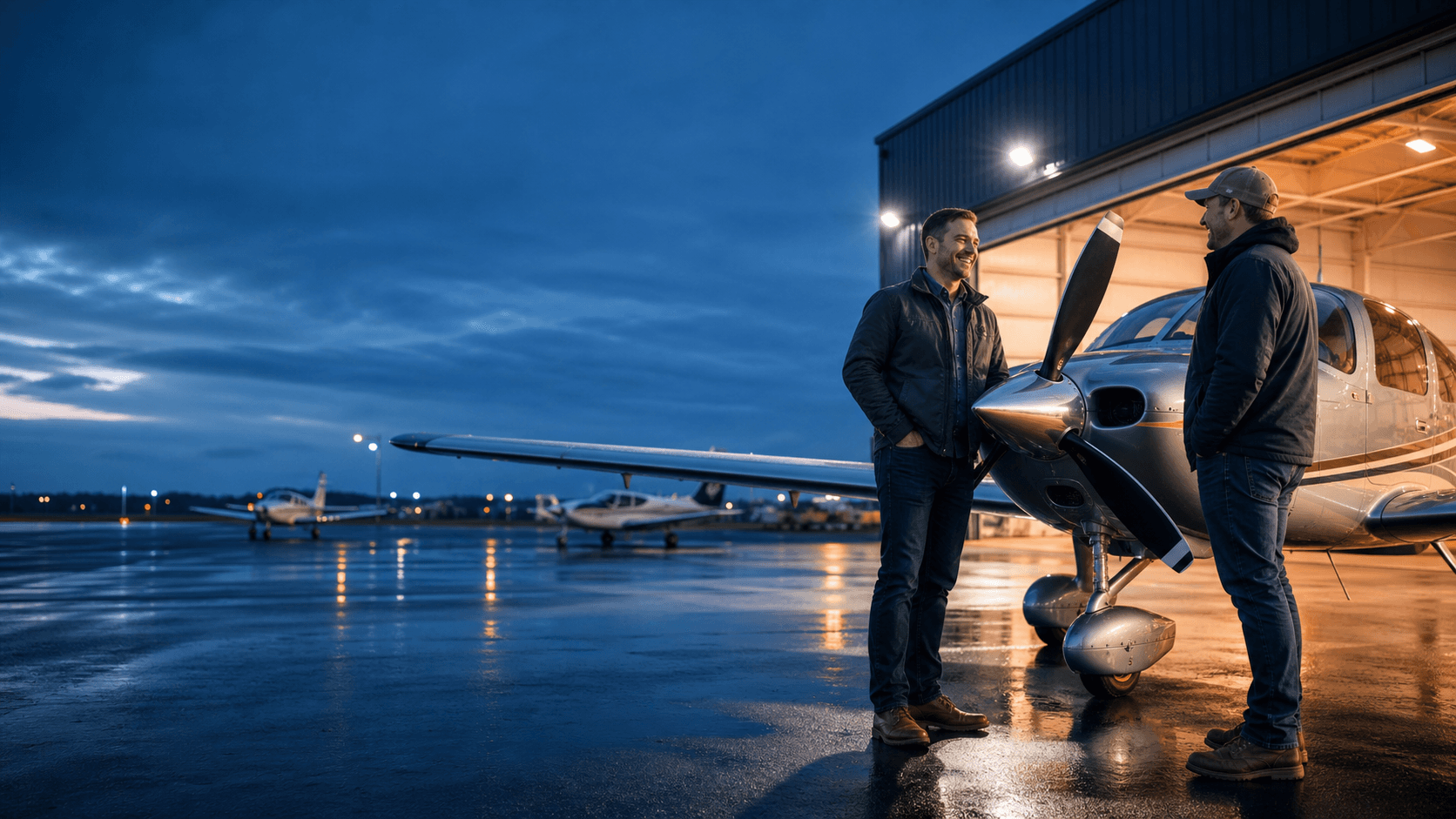 Pilots talking beside a light airplane outside an open hangar